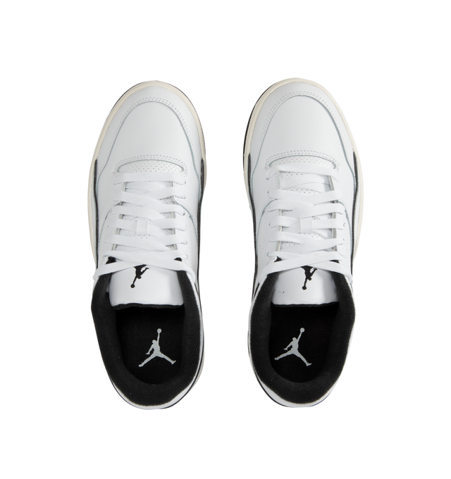 Image 5 of 5 - WHITE - JORDAN Flight Court Sneaker featuring real and synthetic leather in the upper, double top eyelet that enables heel lock lacing, embroidered details, foam midsole and rubber outsole. 