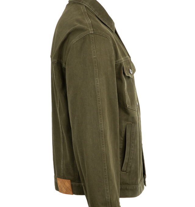 Image 3 of 3 - GREEN - BOTTEGA VENETA Colored Denim Jacket featuring intrecciato suede back patch, button closure, button flap chest pockets, button cuffs and unlined. 100% cotton. Made in Italy. 