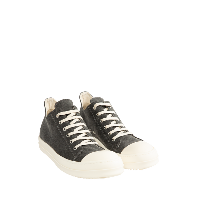 Image 2 of 5 - GREY - Rick Owens Men's DRKSHDW Low Top Sneaks Sneakers featuring canvas trainers with a rounded toe, tonal laces, contrast chunky sole, and contrast toe cap. Main Materials: Canvas textile. Rubber sole. Made in Italy. 