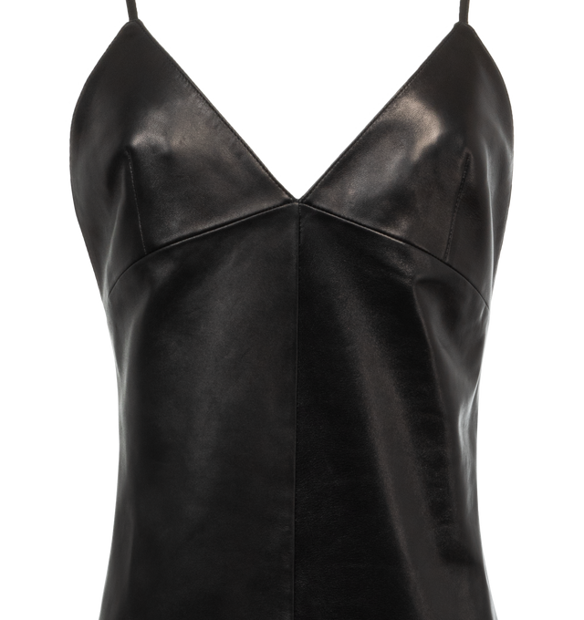 Image 3 of 3 - BLACK - SAINT LAURENT Backless Slip Dress in Lambskin featuring knee length, v neckline, spaghetti straps and open back. 100% lambskin.  