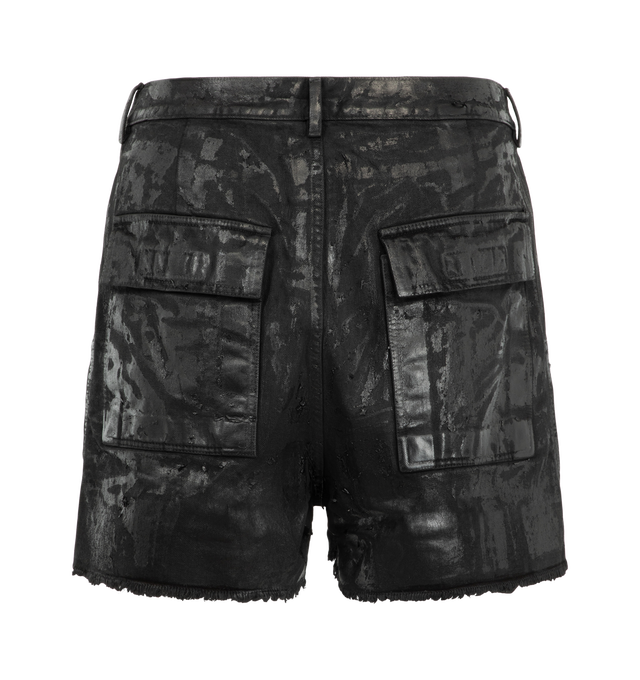 Image 2 of 3 - BLACK - Rick Owens Drkshdw Men's Bauhaus Shorts are crafted from 100% cotton denim and feature a frayed knee-length silhouette with a low dropped crotch, side pockets, signature round Bauhaus zip pockets at the front, and back pockets. Main Material: 100% Cotton Denim 