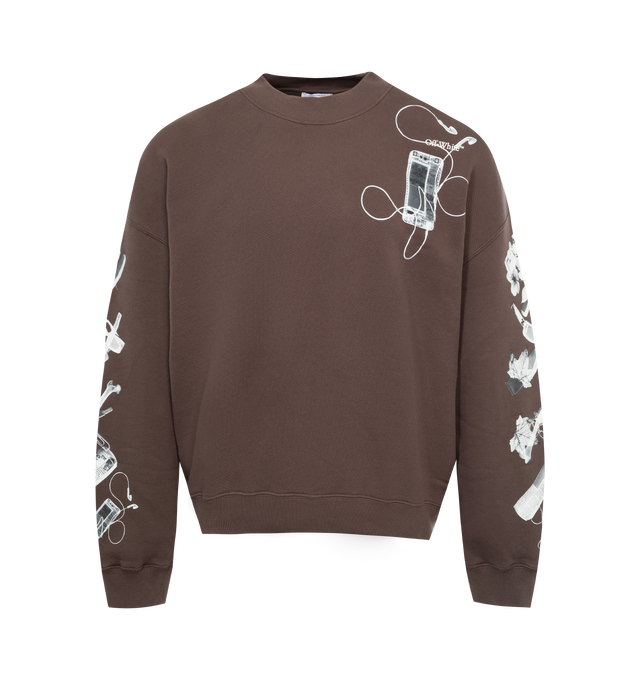Image 1 of 2 - BROWN - OFF-WHITE Scan Arrow Sweatshirt featuring oversized fit, scan arrow print, ribbed trim, crew neck, drop shoulder, long sleeves, ribbed cuffs and hem and French terry lining. 100% cotton.  