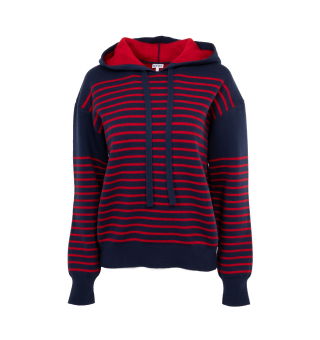 Image 1 of 3 - MULTI - LOEWE HOODIE IN WOOL is a hoodie crafted in medium-weight navy/red wool jacquard, double face jacquard knit, regular fit, regular length, hooded collar with drawstrings, ribbed cuffs and hem, and LOEWE jacquard placed at the back. 100% wool 