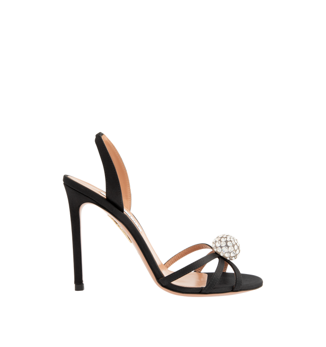 Image 1 of 4 - BLACK - Aquazzura Women's Crystal Bubble Sandal 105 is designed with slender straps embellished with shimmering crystal spheres for a striking, jewelry-inspired finish. Set on a sleek 85mm stiletto heel, these designer sandals feature a high-shine gold finish and an elasticated slingback strap for a secure, comfortable fit. Heel Height: 105 mm. Made in Italy. 