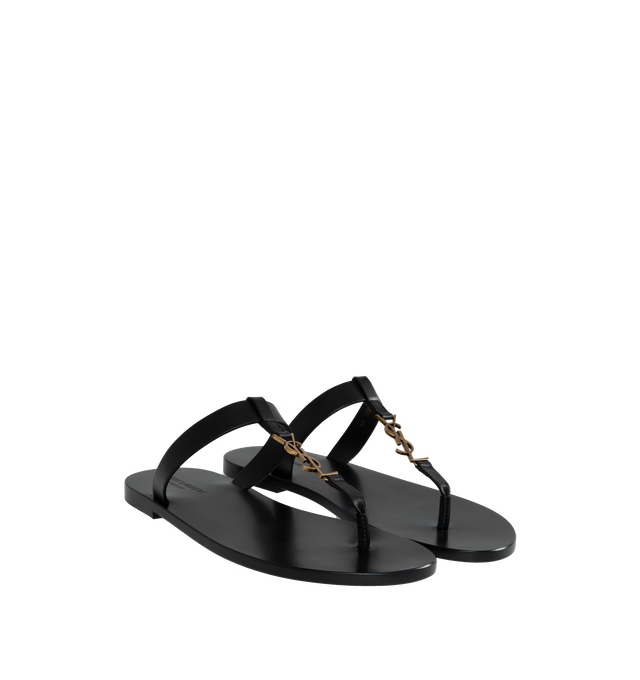 Image 2 of 4 - BLACK - SAINT LAURENT Cassandre Slides featuring flat sandal, t-strap arch band, metal cassandre on front and leather sole. Made in Italy.  