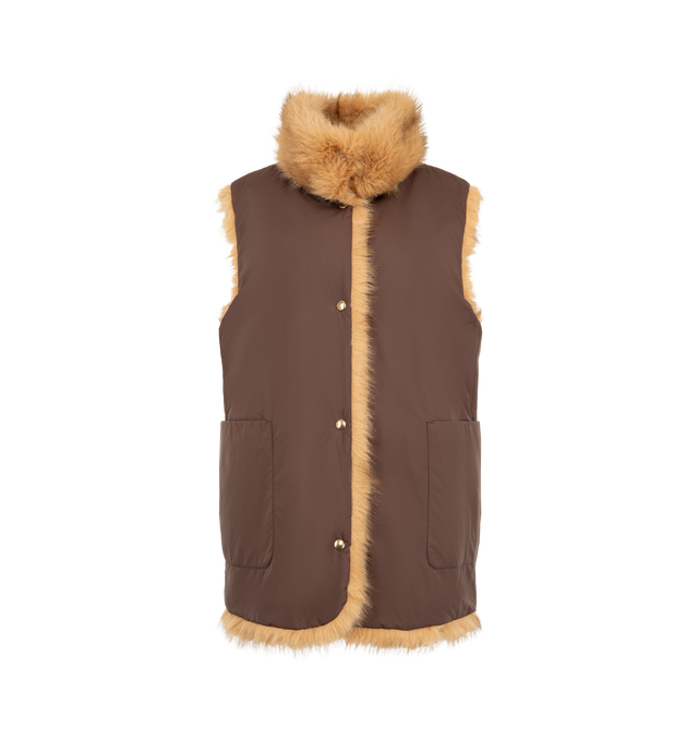 Image 4 of 4 - BROWN - Moncler Women's Chaleureux Short Down Jacket is a weightless layering piece with a 3-in-1 design. The down jacket is equipped with a detachable quilted outer coat, and a reversible faux fur vest that can layered together or seperately. Materials: Faux fur: 100% polyester; Shell: 100% polyester; tag: leather; Lining: 100% polyester; fill: 90% down/10% feathers. 