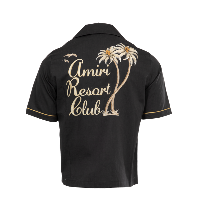 Image 2 of 4 - BLACK - AMIRI Resort Club Embroidered Camp Shirt featuring poplin camp shirt with contrasting trims and embroidery, "Amiri Resort Club" script on front and back, notched collar, button closure, chest patch pocket with MA logo and short sleeves. 100% cotton. Made in Italy. 