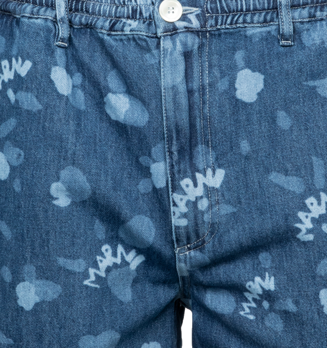 BLUE - MARNI Denim Shorts featuring all-over tonal Marni Dripping print, belt loops, elasticated waistband with internal drawstring, two side inset pockets and two rear patch pockets. 100% cotton. 