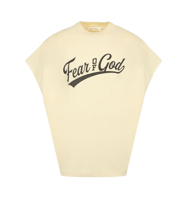 Image 1 of 2 - NEUTRAL - The Men's Fear Of God 90s Cut Off Shirt is crafted from 100% cotton jersey and designed in a boxy fit with raw, cut-off sleeves. The front features a graphic logo. The piece is finished with an Essentials label at the back collar. 
