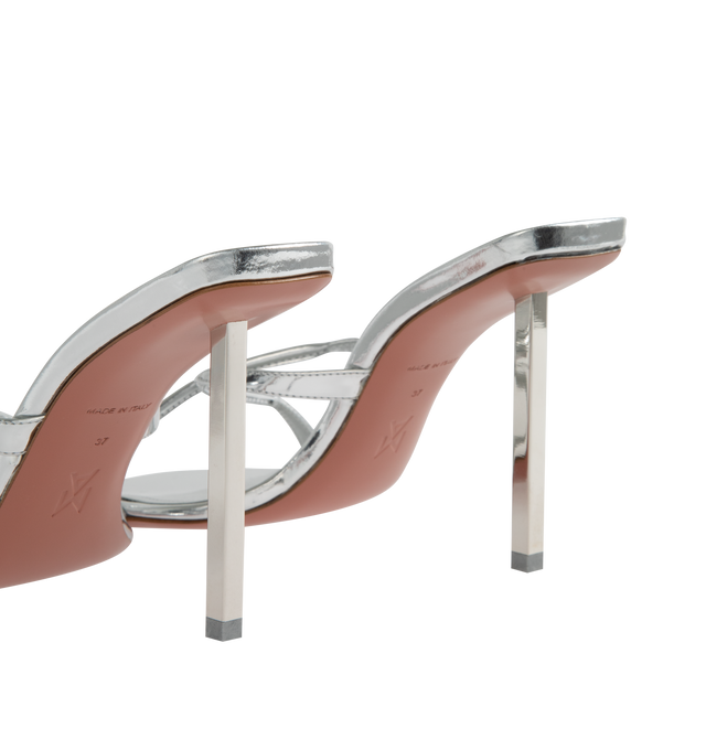 SILVER - AMINA MUADDI Adriana Slipper Heeled Sandals featuring open square toe, criss-crossing straps at vamp, logo-embossed goatskin footbed, metal stiletto heel with rubber injection and leather sole with rubber injection. 95MM. Upper: calfskin, goatskin. Sole: leather, rubber. Made in Italy.