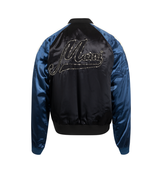 Image 2 of 2 - BLACK - MARNI Satin Bomber featuring contrast raglan inserts, regular fit with zip closure and knitted trims, hand-embellished with maxi Marni lettering on the back and small beaded logo on the chest. 100% viscose/rayon. Made in Italy. 