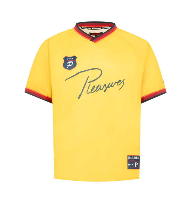 Image 1 of 3 - YELLOW - Pleasures Mens Relaxed Sport Shirt is crafted from heavyweight polyester mesh. Features a relaxed fit, striped ribbed trim, and printed artwork and logo throughout. Main Material: 100% Polyester. Made in China. 