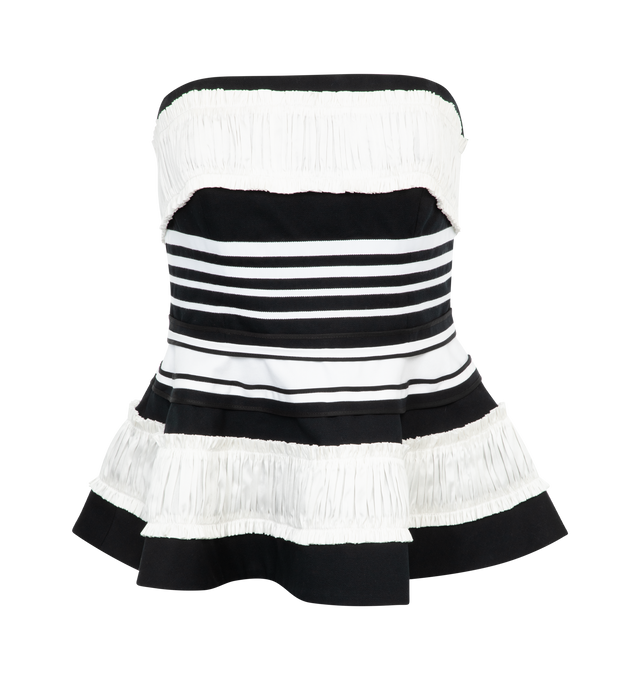 Image 1 of 2 - BLACK - CHRISTOPHER JOHN ROGERS Strapless Peplum Top featuring stripes throughout, strapless fit, crushed ruffle and peplum flare. 75% cotton, 25% silk.  