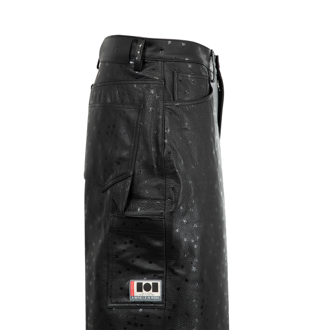 Image 3 of 3 - BLACK - NAHMIAS Leather Star Baggy Carpenter Shorts featuring button closure, hammer loop on back, carpenter pocket on back, logo patch on back and stars motifs all over leather. 100% leather.  