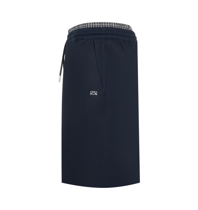Image 3 of 3 - BLUE - Loewe Mens Brushed Cotton Twill Shorts are crafted from medium-weight brushed cotton twill. Features a relaxed fit, regular length, mid-rise waist, contrasting layered elasticated waistband with leather braided drawstring, concealed button fly, slash pockets, rear patch pocket, and two-tone Anagram embroidery at the front. Main Material: Cotton. Made in Italy. 