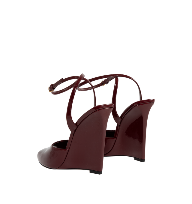 Image 3 of 4 - RED - Saint Laurent wedge sandals with a square open toe and covered heel, featuring an adjustable ankle strap, leather sole, round saint laurent-engraved metal plaque on the insole. Heel height 11 cm / 4.3 inches. Calfskin leather. Made in Italy. 