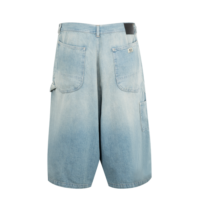 Image 2 of 3 - BLUE - R13 Jesse Bermuda Shorts featuring washed denim, distressed finish, belt loops, classic five pockets, logo patch to the rear and front button and zip fastening. 100% cotton. 