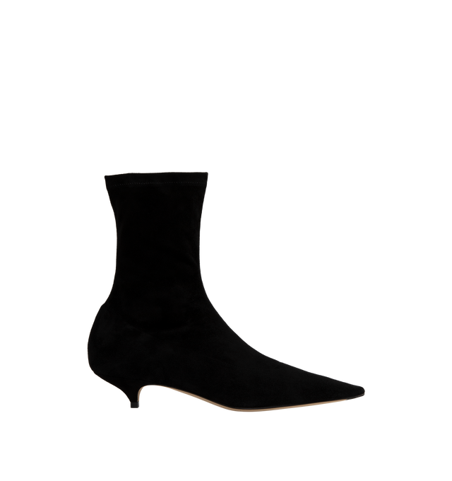 Image 1 of 4 - BLACK - The Row Women's Liisa Kitten Booties are crafted from soft lambskin suede and feature a pointed toe, side zip closure, and a refined kitten heel for an elegant, minimalist silhouette. These designer suede ankle boots combine exceptional Italian craftsmanship with timeless sophistication, making them a versatile choice for effortless day-to-evening styling. Main Material: 100% Lambskin Suede. Sole: Leather. Heel Height: 1.38 in. Made in Italy. 