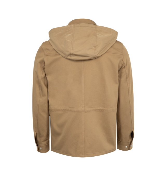 Image 2 of 3 - BROWN - Moncler Guerledan Shirt Jacket has a classic collar with a removable and adjustable hood, a 2-way zip front closure with snap buttons, chest pockets, side zip pockets, and button cuffs.  