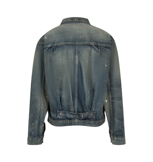 Image 2 of 3 - MULTI - Junya Watanabe Man x New Manual Men's Cotton Denim Multi Fabrics Mix Trucker is crafted from cotton denim and features a boxy, slightly cropped silhouette, patchwork construction, dropped shoulders, and a front button closure. Designed as part of the Junya Watanabe Man x New Manual collaboration, this trucker jacket is finished with a T-back silhouette, vintage-inspired wash, paint-splatter-effect detailing, and a metal-buckled cinch-back adjuster at the lower back. Main Material: 100 
