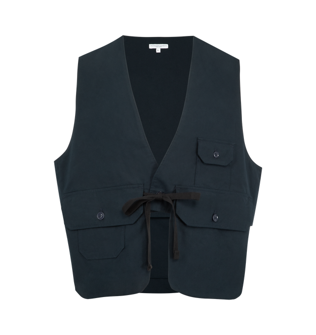 Image 1 of 3 - NAVY - ENGINEERED GARMENTS Fowl Vest featuring a large game pocket on the rear, two patch pockets on the front, string closure on the front with single button and neck loop on rear. 100% cotton. Made in the USA. 