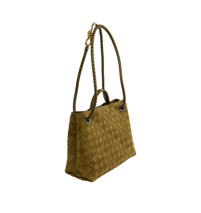 Image 3 of 4 - GREEN - Bottega Veneta Andiamo Bag has a magnetic closure, a sliding cross-body strap, an interior zip pocket, 2 interior open pockets, and brass-finished hardware. Made in Italy.  