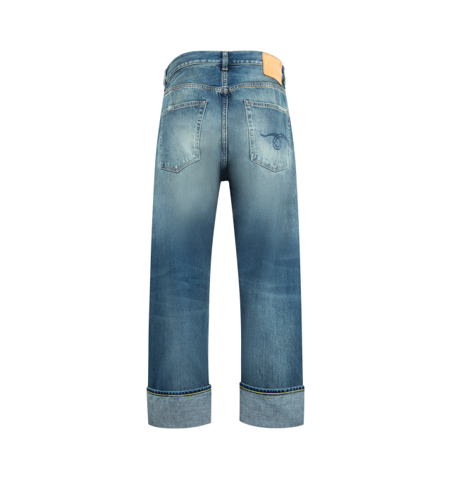 Image 2 of 3 - BLUE - R13 Cuffed X-BF Jeans featuring fading, whiskering, and distressing throughout, straight-leg, belt loops, five-pocket styling, zip fly, rolled cuffs, leather logo patch at back waistband, logo-engraved antiqued copper-tone hardware and contrast stitching. 100% cotton. Made in Italy. 