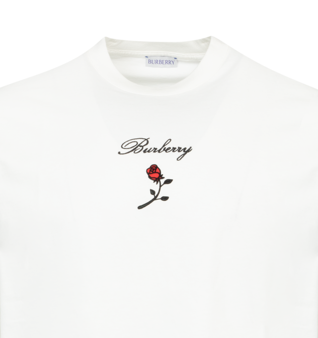 Image 2 of 2 - WHITE - BURBERRY Logo Rose Cotton T-shirt featuring regular fit, crew-neck, rib-knit collar, embroidered logo and flocked rose. 100% cotton. Made in Portugal. 