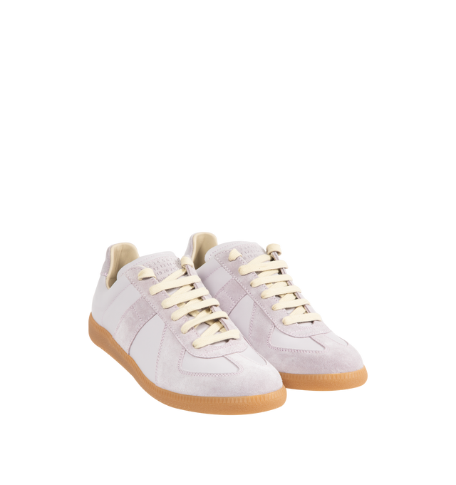 Image 2 of 5 - WHITE - MAISON MARGIELA Replica Sneakers featuring lace-up sneakers in buffed nappa calfskin and calfskin suede, contrasting sole, Maison Margiela logo label on the tab, internal Replica label, internal elastic and all-over Maison Margiela logo insole. 100% calf leather. Sole: 100% rubber. Made in Italy. 