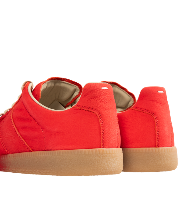 Image 3 of 5 - RED - MAISON MARGIELA Replica Sneakers featuring classic low-top silhouette, contrast of matte leather and a patent sprayed finish, streamlined sole, traditional lace-up construction and signature single white stitch. 100% calf leather. Made in Italy. 