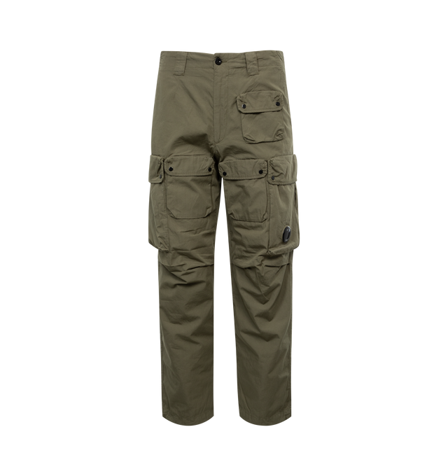 GREEN - C.P. COMPANY Rip-Stop Loose Utility Cargo Pants featuring zip fly and button fastening, reinforced belt loops, slanted hand pockets, single buttoned back pocket, multiple secure leg pockets, lens detail, adjustable leg openings, garment dyed and loose fit. 100% cotton.