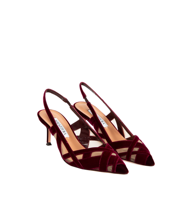 Image 2 of 4 - RED - AQUAZZURA Wrap Me Up Slingback Pump featuring mesh see-through panels, velvet trim, pointed toes, slingback, padded leather insole and signature logo detailing. 65mm. Mesh, velvet. Made in Italy. 