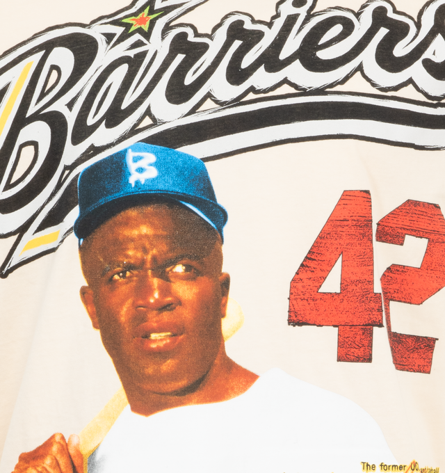 Image 3 of 4 - BROWN - Barriers Worldwide Jackie Robinson T-Shirt has a crew neck, a screen printed graphic, and short sleeves. 100% cotton. Made in Vietnam.  