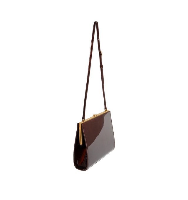 BROWN - SAINT LAURENT Small Le Anne-Marie Shoulder Bag with patent leather exterior, smooth leather lining, top clasp closure, one main compartment with single interior flat pocket,  adjustable top shoulder strap and gold-tone hardware.Made in Italy. Measures 8.25" W x 6.5" H x 1.5" D with with a 13.5" drop shoulder strap. 