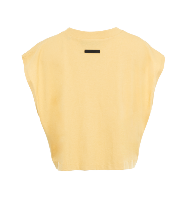 Image 2 of 3 - YELLOW - Fear of God Cropped Muscle T-Shirt has a crew neck, printed logo, cropped hem, and logo patch at the back collar. Cotton-blend jersey.  