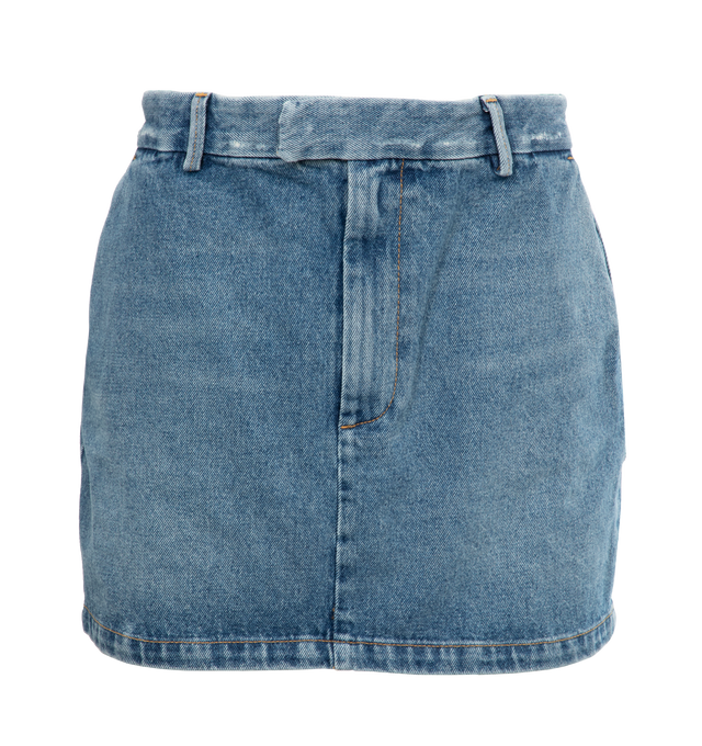 Image 1 of 3 - BLUE - ARMARIUM Lula Denim Mini Skirt featuring faded denim, mid waist, side slip pockets, back welt pockets, mini length, skirt falls straight from hip to hem, hook-tab, zip fly and belt loops. 100% cotton. Made in Italy 