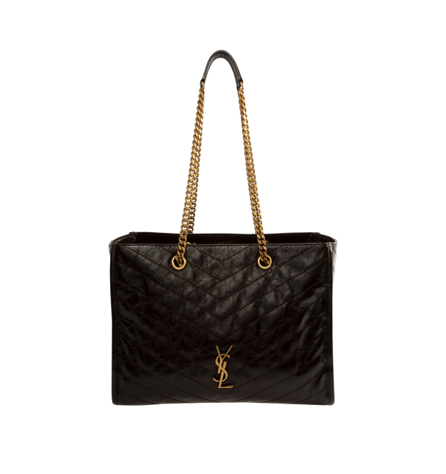 Image 1 of 3 - BROWN - Saint Laurent Niki Shopping Bag in vintage leather featuring chevron topstitching, cotton lining, bronze-tone hardware, magnetic snap-button closure and one zip pocket making it ideal for work, travel, or day-to-day use. Dimensions: 13" x 10.6" x 5.5". Strap drop: 10.6". Fits everyday essentials such as a 13" laptop, tablet, wallet, phone, sunglasses, keys, and a small pouch. Main Material: Calfskin Leather. Made in Italy.  