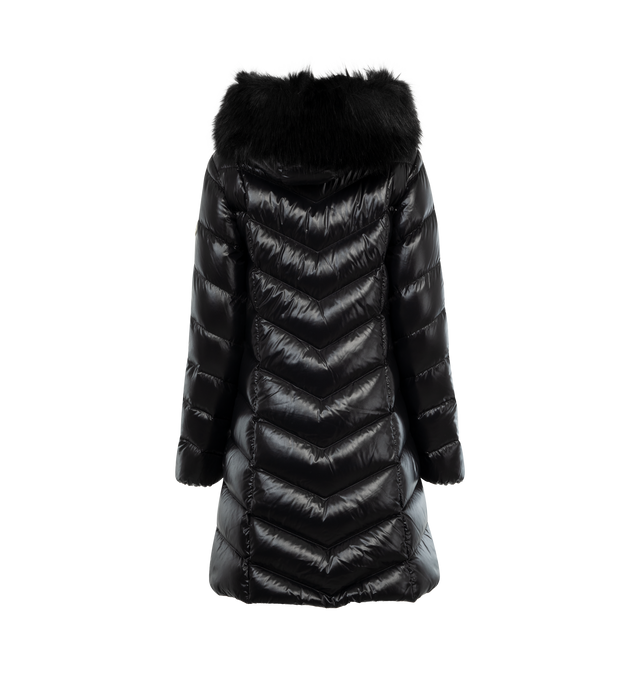 Image 2 of 2 - BLACK - MONCLER Fulmarus Faux Fur-Trimmed Hooded Long Down Jacket featuring nylon laqu lining, down-filled, hood with detachable faux fur trim, zipper closure, zipped pockets, elastic cuffs and logo. 100% polyamide/nylon. Padding: 90% down, 10% feather. Made in Armenia. 