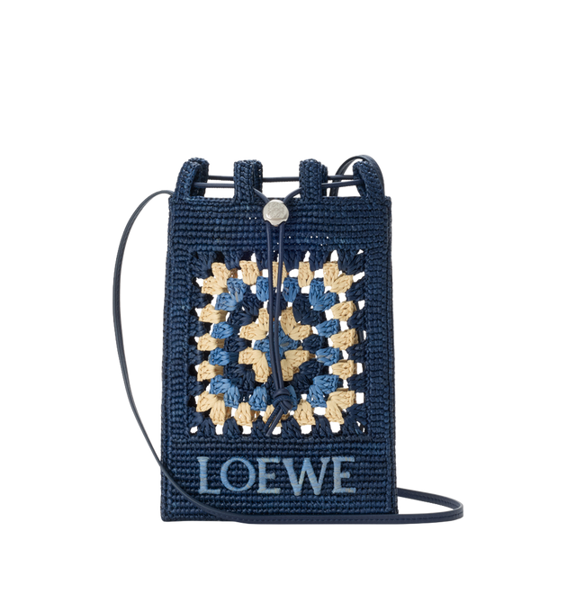 Image 1 of 4 - NAVY - LOEWE PAULA'S IBIZA Drawstring pocket in classic calfskin and raffia featuring a classic calfskin strap adjustable via an Anagram Pebble dice and a contrast LOEWE embroidery, shoulder or crossbody carry, unlined and engraved Anagram. Raffia/calf. 21 cm x  16 cm x 1 cm. Made in Spain. 