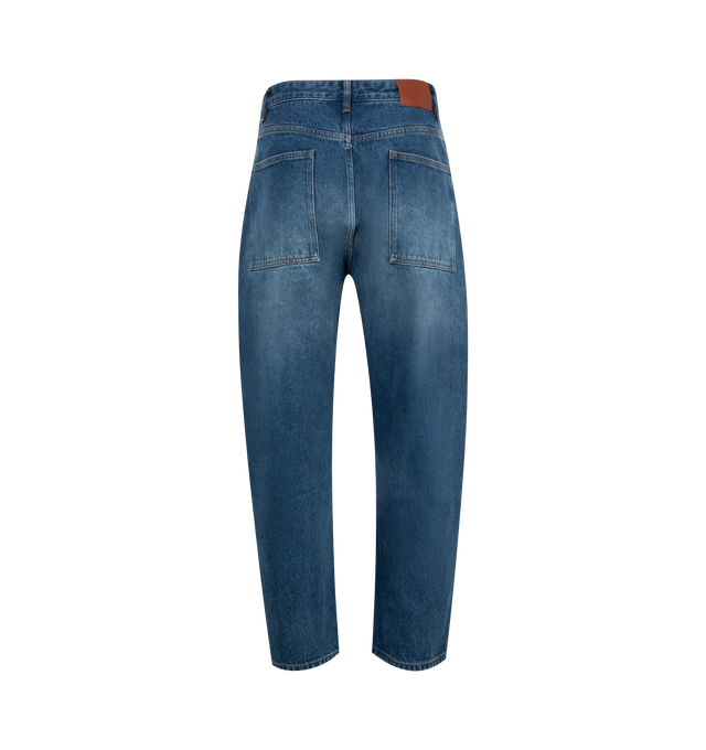 Image 2 of 3 - BLUE - Studio Nicholson Men's cropped curved leg jeans featuring 5 pocket style, button-fly closure, belt loops and leather patch at the back. 