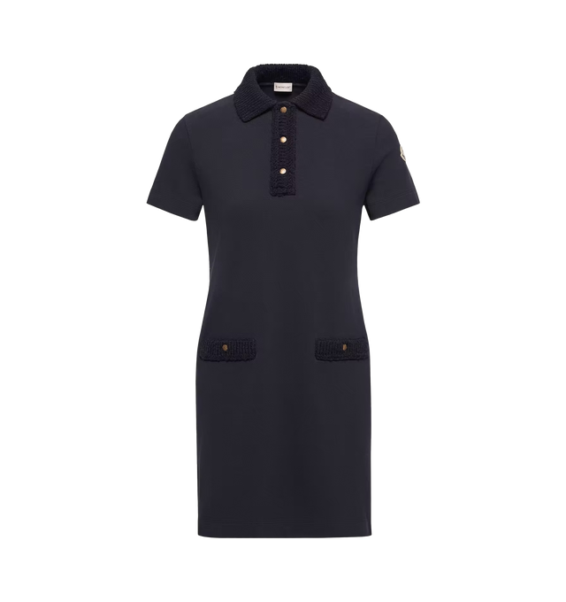Image 1 of 1 - NAVY - Moncler Womens Cotton Piquet Polo Mini Dress is crafted from cotton piquet. Features a polo collar, short sleeves, button-front placket, side slits, embroidered logo lettering, and logo patch detailing. Base Fabric: 100% Cotton; Rib Collar: 100% Cotton. Made in Turkey. 