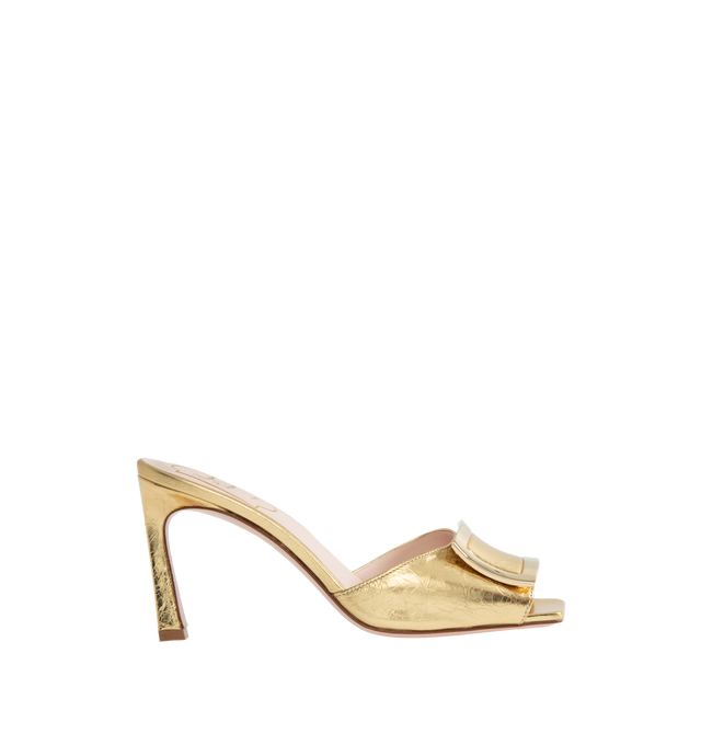 GOLD - ROGER VIVIER Trompette Metal Buckle Mules featuring crinkled effect metallic finishing, squared toe and branded metal buckle. Trompette heel 3.3in. Leather upper. Leather insole and outsole. Made in Italy.