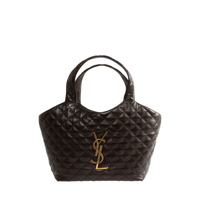Image 1 of 3 - BROWN - Saint Laurent Womens Icare Medium Tote Bag is crafted from quilted nappa leather. Features dual top handles, open-top design, signature CASSANDRE hardware, leather lining, one removable zip pouch, and one interior zip pocket. Dimensions: 46  28  15 cm; Handle Drop: 20 cm. Main Material: Nappa Leather; Lining: Leather; Hardware: Bronze-Tone Metal. Made in Italy. 