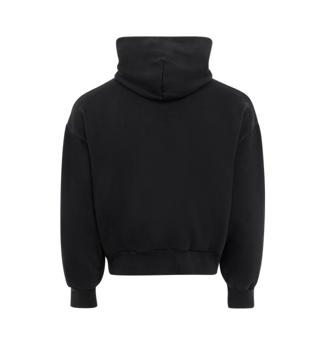 Image 2 of 2 - BLACK - Fear of God Essentials Men's hoodie crafted from heavy cotton fleece featuring an old-English logo university crest graphic at the front, long sleeves, dropped shoulders, ribbed trims and signature rubberized patch on the hood. 100% Cotton. 