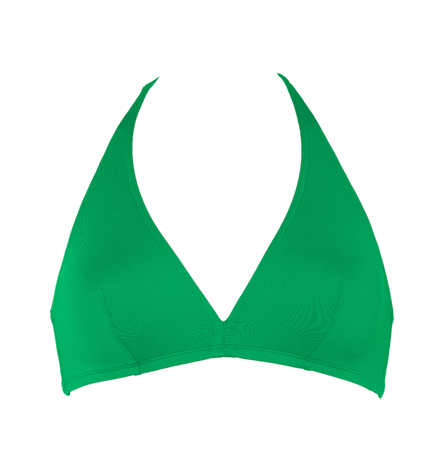Image 1 of 6 - GREEN - ERES Gang Triangle Bikini Top featuring full-cup triangle bikini top, halter tie spaghetti straps, bust darts, side stays and thin back. 84% Polyamid, 16% Spandex. Made in France.  