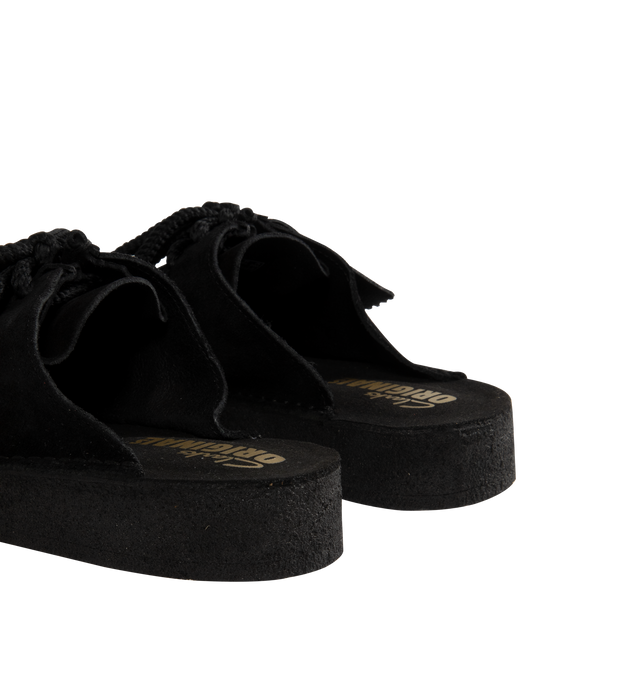 Image 3 of 4 - BLACK - CLARKS Desert Nomad Mule featuring suede upper, Clarks Originals heat embossed metallic foil logo on footbed, cord lace, natural Pebble Crepe sole and finished with two Clarks Originals fobs. 