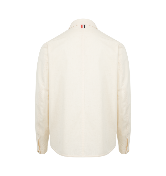 Image 2 of 2 - WHITE - THOM BROWNE Utility Patch-Pocket Shirt featuring button fastening, regular fit, classic collar, long sleeves, patch pockets at front, frayed button placket, striped trim at front, gold-tone buttons. 100% cotton. 