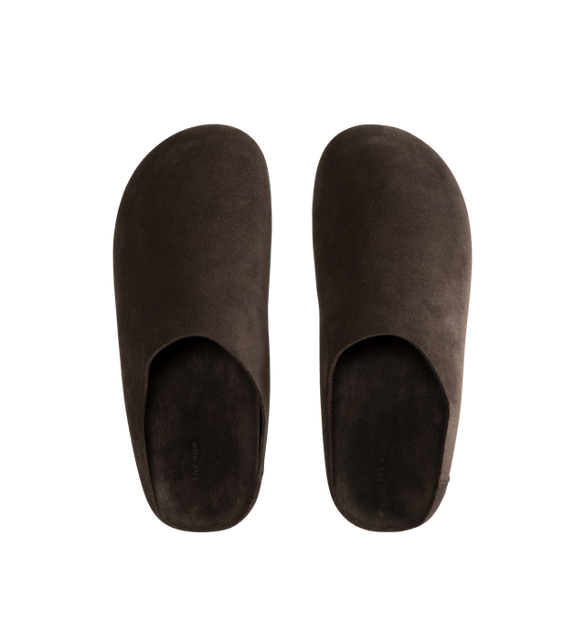 Image 4 of 4 - BROWN - The Row Men's Hudson Slide is crafted from natural suede calfskin leather and features a relaxed slip-on silhouette with a round toe, contoured footbed, and lightweight synthetic sole. Designed for everyday comfort, this refined sandal combines premium materials with understated styling and is finished with a subtle elevated profile. Main Material: 100% Calfskin Leather. Footbed: Contoured. Sole: Synthetic. Toe: Round. Heel Height: 1.25 in. *Fit: Runs Slightly Small; We Recommend Orde 