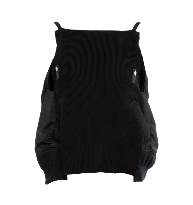 BLACK - SACAI Knit Boat-Neck Sweater featuring rib-knit sweater with contrast back, boat neckline, sleeveless, side slip pockets, cocoon silhouette and pullover style. Cotton/polyester/nylon/polyamide. Made in Japan.