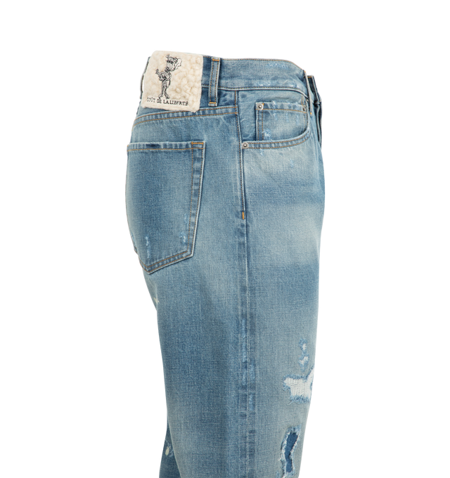 Image 3 of 3 - BLUE - COUT DE LA LIBERTE Bobby Japanese Shuttle Selvage Denim Relaxed Jeans featuring button front closure, 5 pocket styling, distressing throughout and cuffed hem. 98% cotton, 2% elastane. Made in USA. 